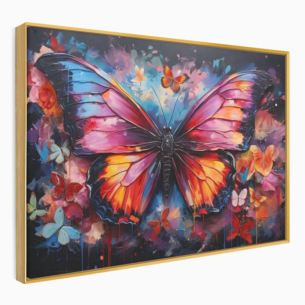 Tablou canvas cu tablou canvas cu fluture central multicolor, in rama de aluminiu auriu